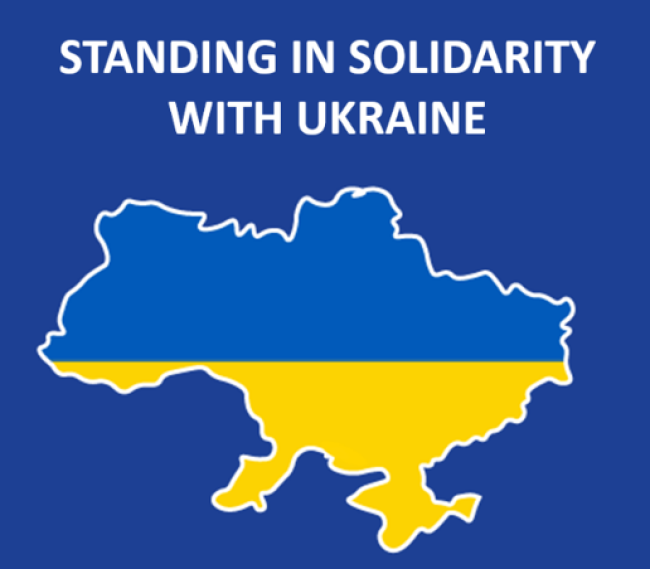 "Standing in Solidarity with Ukraine" with a map of Ukraine in blue and yellow