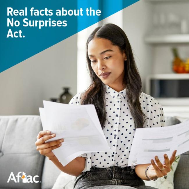 Aflac: Real facts about the No Surprises Act. Woman sitting on a couch reading paperwork.