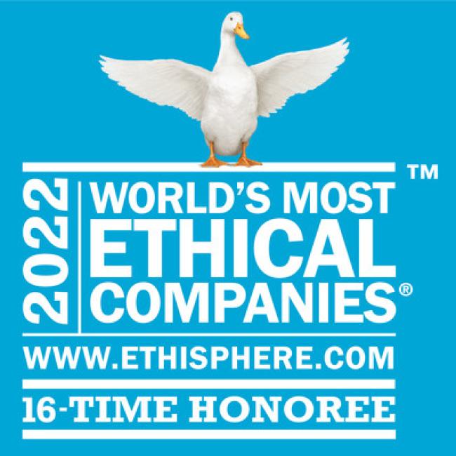2022 World's Most Ethical Companies. 16 Time Honoree. WWW.Ethisphere.com. Image of Aflac duck mascot.