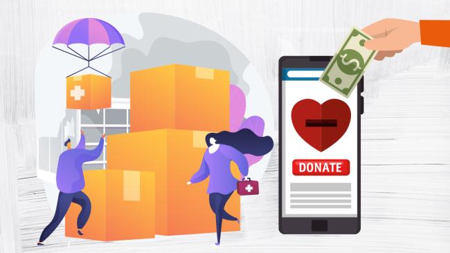On the left, an artistic representation of people receiving large boxes. On the right hand side, a hand holds a dollar bill by a smart phone displaying a "donate" button.