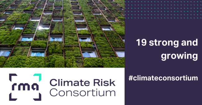 Banner image of plants growing around windows with the words, "RMA Climate Risk Consortium: 19 strong and growing #climateconsortium"