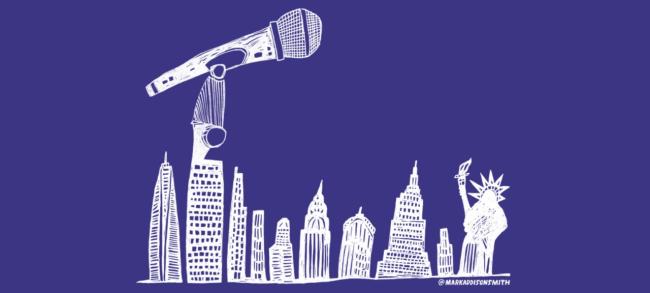 Illustration of the NYC skyline with a mic coming out of the top