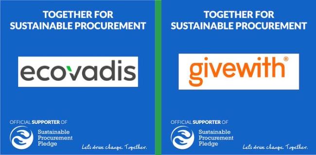 TOGETHER FOR SUSTAINABLE PROCUREMENT ecovadis OFFICIAL SUPPORTER OF Sustainable Procurement Pledge Lets drive change Together. TOGETHER FOR SUSTAINABLE PROCUREMENT givewith OFFICIAL SUPPORTER OF Sustainable Procurement Pledge