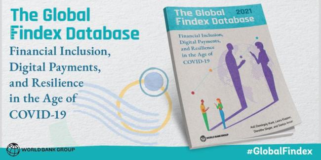 "The global Findex Database" "Financial inclusion, digital payments, and resilience in the age of covid-19" and a digital booklet with the same title and two people talking on the cover