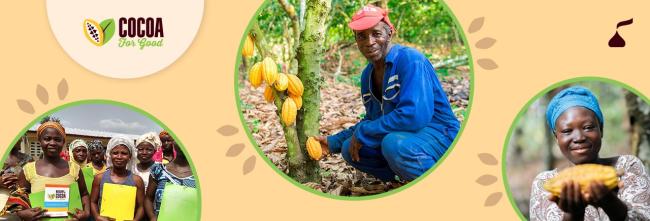 composite of several cocoa farmers posing with cocoa beans and certificates from Hershey