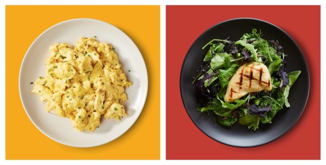 side by side plates of alternative proteins, one of 'scrambled eggs' and on of a 'chicken breast' on salad greens