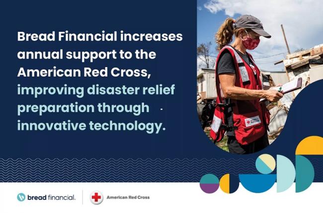 "Bread financial increases annual support to the American Red Cross, improving disaster relief preparation through innovative technology. Next to a picture of a person in a ball cap and red cross vest using a device