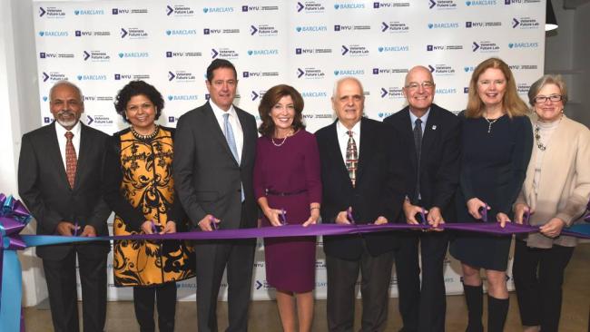 Leaders from Barclays, NYU, and Partnership for New York City joined together at the Veterans Future Lab ribbon cutting. L to R: Katepalli Sreenivasan (Dean of NYU Tandon School of Engineering), Chandrika Tandon (Vice Chair of NYU Board of Trustees and Chair of NYU Tandon Board of Overseers), Jes Staley (CEO of Barclays), New York State Lt. Governor Kathy Hochul, New York State Assembly Member Joseph Lentol, Dr. Andrew Hamilton (President of NYU), Barbara Byrne (Vice Chairman, Barclays Investment Bank), Kathryn Wylde (President and CEO, Partnership for New York City)