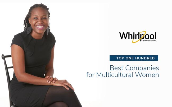 A person in a black dress seated in a chair. Whirlpool logo on Top One Hundred Best companies for multicultural women, on the right