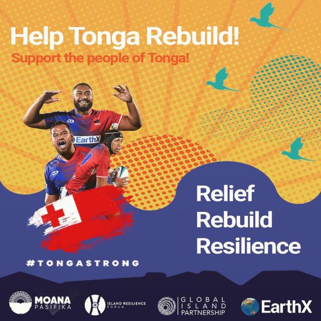 Help Tonga rebuild, relief, rebuild, resilience. #tonga strong. logos for supporting organizations. Three rugby players and a flag. background of a sunset with birds