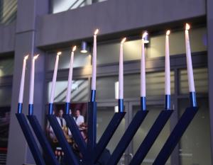 All eight candles are lit on a six-foot menorah in celebration of the eighth and final night of Chanukah at L.A. LIVE as part of AEG’s Season of Giving.