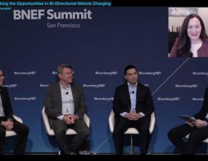 Katie Sloan, SCE vice president of Customer Programs & Services, remotely joined the recent BNEF Summit panel “Unpacking the Opportunities in Bi-Directional Vehicle Charging” to discuss the future of vehicle-to-grid technology. 4 speakers sitting on stage with one on video call in the top right corner