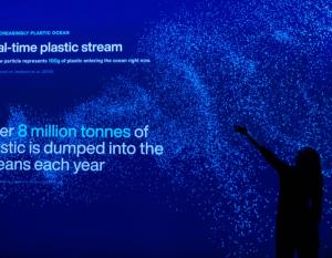 "Real-time plastic stream, Over 8 million tonnes of plastic is dumped into the oceans each year" with blue background