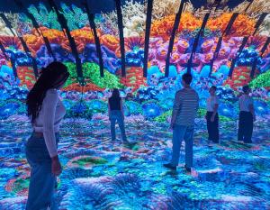 people standing in an art display