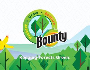 Bounty logo over an artistic representation of a forest with "Keeping Forests Green"