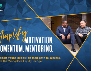 "Amplify Motivation, Momentum, Mentoring", with Two people smiling at each other