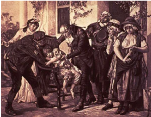 victorian style sepia drawing of a young person getting a vaccine while a small group watches