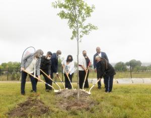 As part of a comprehensive three-year, $1 million effort to support eastside neighborhoods around the Detroit Assembly Complex, Stellantis today launched Detroit’s Greenest Initiative, the company’s plan to make Detroit’s east side the most environmentally friendly neighborhood. Planting the ceremonial tree at the event was Margaret O'Gorman, President, Wildlife Habitat Council, Joshua Rubin, CEO of mirainbarrel, Michigan State Representative Joe Tate, Monica Tabares, Vice President, Greening of Detroit, Palencia Mobley, Deputy Director, Detroit Water and Sewage Department, Ron Stallworth, external affairs lead for Wayne County, Stellantis - North America, and Stephanie Broddie, Southeastern High School Teacher .