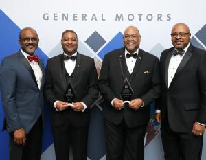 Gerald Johnson, executive VP, Global Manufacturing; Marcos Purty, executive director, Global Manufacturing Strategy & Planning, 2020 BEYA Career Achievement Award Recipient; Eric Fonville, VDDV development engineer, Propulsion Structures, Sealing & Fastening, 2020 BEYA Research Leadership Award Recipient; David Albritton, president and general manager of GM Defense LLC. Photo: T. Powell