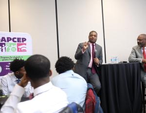 Gerald Johnson, executive VP, Global Manufacturing and Marcos Purty, executive director, Global Manufacturing Strategy & Planning conducted a fireside chat with nearly 100 DAPCEP students interested in STEM careers. Photo: T. Powell