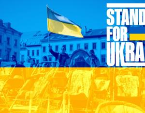 Stand Up for Ukraine with blue and orange background