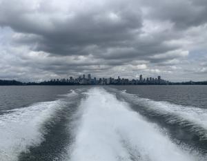 wake of a boat on a cloudy day