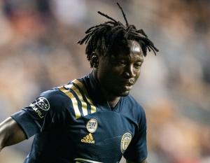 Olivier Mbaizo, a defender for the Philadelphia Union, wears a commemorative “Zero Landfill” jersey patch during the MLS team’s home game at Subaru Park on October 23, 2021.