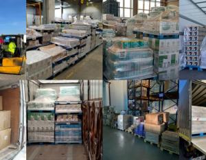 gallery of 8 images of stacks of pallets with water, boxes, and supplies