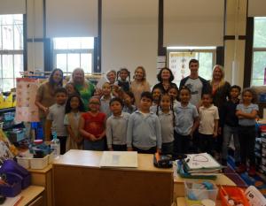 Timberland employee volunteers enjoy meeting their first grade reading students during an end-of-year celebration. The volunteers had ten weekly online tutoring sessions with their students through TutorMate’s interactive platform.