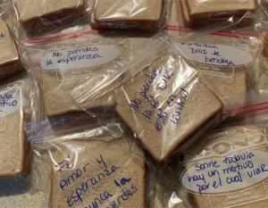 On each sandwich, messages like “Don’t give up” and “Smile, there are still reasons to live” offer a moment of hope.