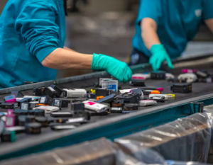 HP’s Planet Partners program collects devices, as well as ink and toner cartridges like the ones being sorted for recycling above, in 76 countries and territories worldwide.