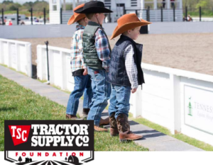 Three children wearing cowboy hats along with the Tractor Supply Foundation logo