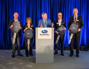 Richard Davis (left), Ellie Hollander, Tom Doll, Matt Bershadker, and Will Shafroth wrap-up the 2018 Subaru Share the Love Event with ceremony at Subaru of America, Inc. headquarters, Camden, NJ on April 3, 2019. Doll makes a surprise announcement revealing an additional donation of an all-new vehicle to each of the four national charity partners.