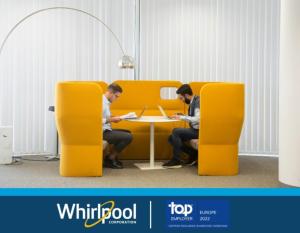 "Whirlpool Corporation: top employer Europe 2022" logo with people working on an orange couch