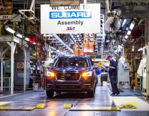 The first 2019 Ascent rolls off the assembly line at Subaru of Indiana Automotive (SIA) in Lafayette, Indiana on May 7, 2018. The three-row SUV, the biggest vehicle in the Subaru line-up, will be available for sale in mid-2018.