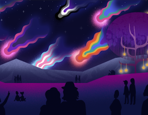 original art work, a night sky in a park setting, many couples and people seen as black silhouettes. Comets of different LGBTQ+ colors in the sky