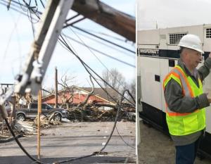 two images, left two people walking arms around each other through debris, fallen power lines. Right  two workers stand beside a generator