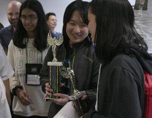 This year’s 3rd-place winners in the novice division, from Clements High School in Sugar Land, Texas, were the first all-girls team to place at CodeWars. Credit Alison Hess