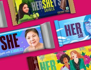 Hershey Bars with new wrappers highlighting "HER" and "SHE" 