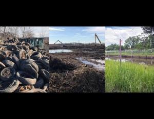 collage of three photos, left: a stack of used tires, middle: dirt with puddles, machinery in the background, Right: grass and a waterway