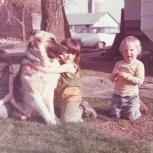 Ramona (center, hugging her dog, Muffin) and her sisters, Denise and Janet, on the farm.