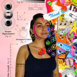 artistic collage with Aaryanna central and clips of graphs, measurements on the left, colorful shapes, characters, music notes on the right