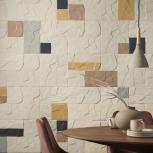 Tile wall behind table and chairs