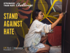 Banner with image of muralist painting and the words, "Stand Against Hate"