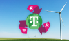 background of windmills on a sunny clear day outside. TMobile logo on a green earth with pink recycling symbols around it is central