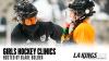 Throughout the month of October, AEG's LA Kings will host a one-hour clinic every Friday for female youth hockey players ages 6-12, for all skill levels. Graphic image of LA Kings scout, Blake Bolden, talking to a young girl hockey player in a yellow jersey.