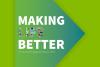 Green right arrow on green background. "Making Life Better" Community Engagement Report 2021.