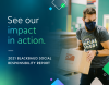 person carrying box with words: "See our impact in action. 2021 Blackbaud Social Responsibility Report"
